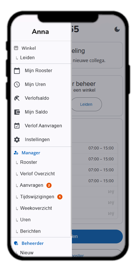 Menu van een manager en beheerder in Rooster 365, met extra opties