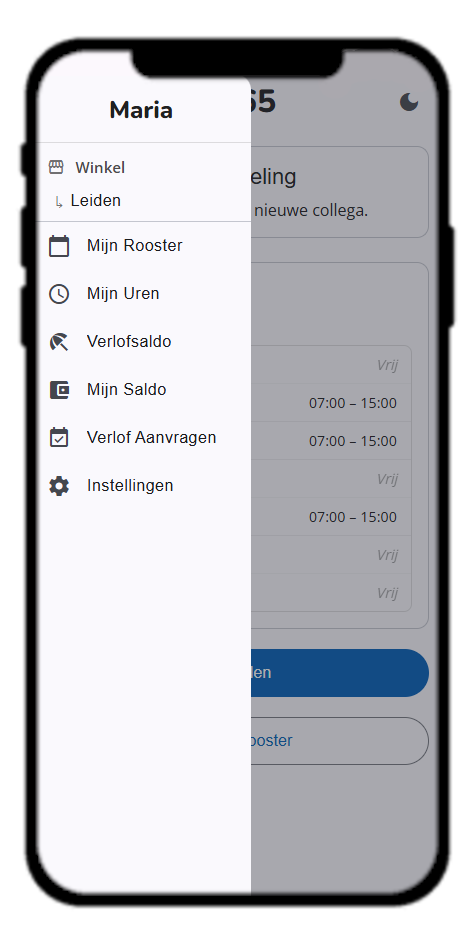 Menu van een medewerker in Rooster 365
