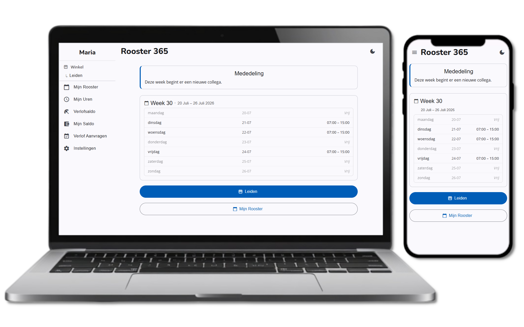 Rooster 365 op laptop en telefoon naast elkaar in donkere modus