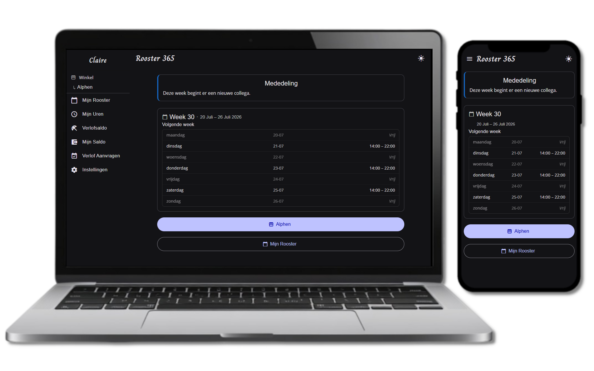 Rooster 365 responsief ontwerp, donkere modus