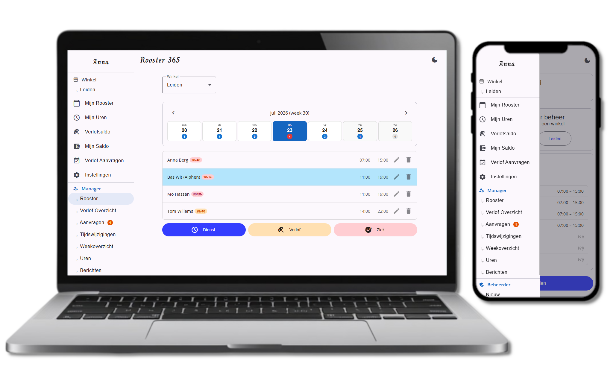 Rooster 365 responsief ontwerp, lichte modus
